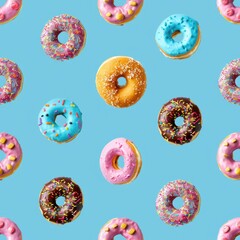 Poster - Assorted donuts on a vibrant blue backdrop. Great for food and dessert concepts