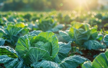 Wall Mural - Lush green cabbage heads thrive in the sunlit garden, their large leaves glistening with morning dew and creating a captivating natural scene.