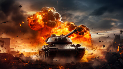 Wall Mural - war heavy vehicle fire defense mission smoke military. Battle tanks with a city on fire 