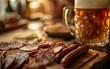 An inviting spread of sizzling sausages, crisp bread, and a frosty mug of golden beer, creating a tempting scene of hearty indulgence.