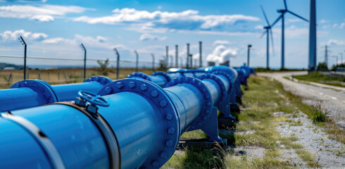 Canvas Print - Blue pipes of gas and oil line the road against wind turbines in an industrial area on a sunny day