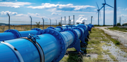 Poster - Blue pipes of gas and oil line the road against wind turbines in an industrial area on a sunny day