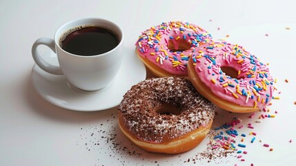 Wall Mural - Delicious donuts and coffee on a table, perfect for food blogs or cafe promotions