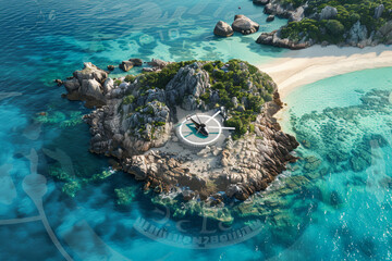 Wall Mural - Design an image of a helipad situated on a remote, rocky island in the middle of a turquoise-blue ocean, with white sand beaches and coral reefs visible beneath the clear water