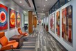 Artwork and local cultural elements showcase diversity and inspire creativity in the American office setting. 