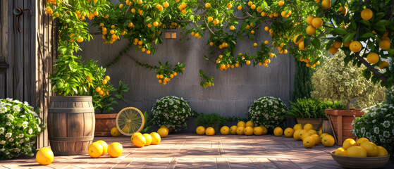 Poster - Fairy garden with lemon trees and fruits.  Beautiful summer exterior mockup. backyard, patio with orchard view. generative ai.