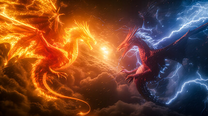 Wall Mural - 3d illustration Dragon War, epic battle between fire dragon and lightning dragon. concept art, 3D rendering	