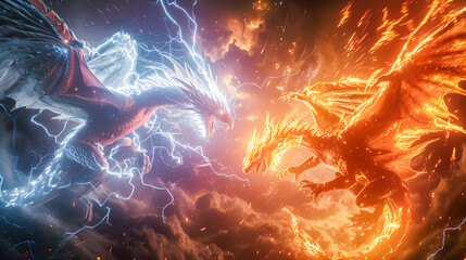 3d illustration Dragon War, epic battle between fire dragon and lightning dragon. concept art, 3D rendering	