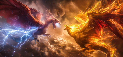 Wall Mural - 3d illustration Dragon War, epic battle between fire dragon and lightning dragon. concept art, 3D rendering	