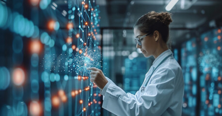 Fototapete - Woman in Lab Coat Working on Server