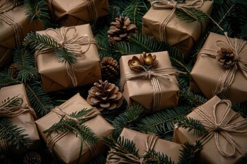 Poster - Bunch of presents wrapped in brown paper with pine cones. Perfect for holiday season decorations