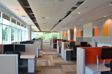 Wall Mural - Soundproofing materials and acoustic panels minimize noise and distractions in the open office environment. 