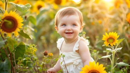 Wall Mural - Toddler Joy Among Sunflowers: A Cheerful Summer Scene