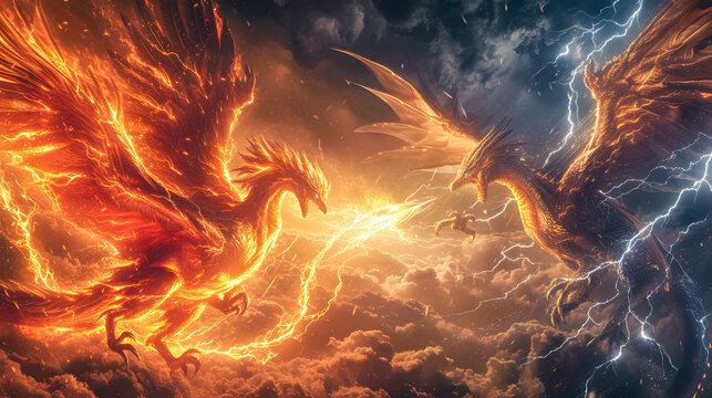 3d illustration dragon war, epic battle between fire dragon and lightning dragon. concept art, 3d re