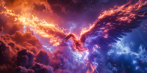 Wall Mural - background of a burning phoenix bird flying in a sky full of clouds and lightning striking. 3D rendering. Phoenix Lightning fire wallpaper