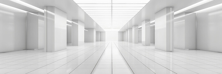 Poster - White empty room with white tile floor and ceiling with sunlight