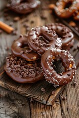 Sticker - A delicious pile of chocolate covered pretzels on a rustic wooden table. Perfect for food and snack concepts