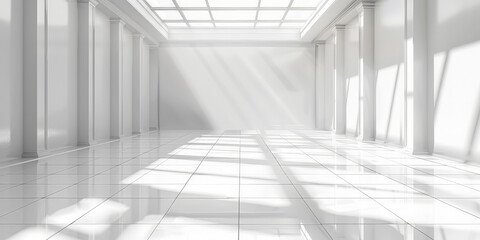 Poster - empty White empty room with white tile floor and ceiling with sunlight