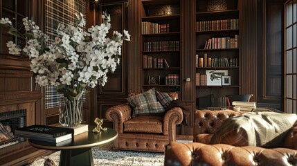 Wall Mural - a stunning white floral arrangement adorning a modern luxury man cave, accentuated by bright, alongside touches of books and brass for added sophistication.