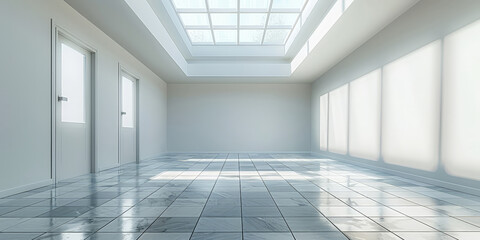 Poster - empty White empty room with white tile floor and ceiling with sunlight