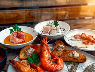 Wall Mural - Seafood set on a wooden table in a restaurant. Restaurant menu.