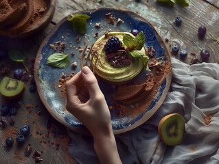 Wall Mural - Chocolate cake with blueberries and kiwi on a wooden background