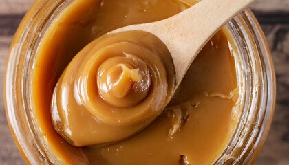 Wall Mural - Top view of dulce de leche in wooden spoon. Macro.
