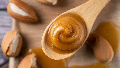 Wall Mural - Top view of dulce de leche in wooden spoon. Macro.
