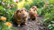 Guinea pigs wandering a secure garden path, exploring safely within boundaries, ideal for depicting pet exploration and adventure