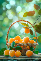 Canvas Print - yellow plum in a basket in the garden. selective focus.