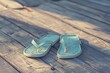 © Fotograf - A pair of flip flops resting on a wooden floor, suitable for summer concepts