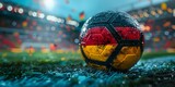 Fototapeta Natura - Close up of football ball in black,red,yellow, german flag colors on the grass of stadium field background. Football europe championship in Germany wide banner concept with copy space.
