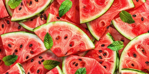 Wall Mural - Fresh watermelon slices with vibrant green mint leaves, perfect for summer menus