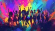 A vibrant digital illustration of women's day, showcasing diverse female figures standing together with raised fists in celebration and power., colorful background, colorful splashes