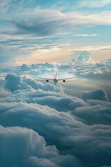 Poster - A stunning image of an airplane soaring high above fluffy clouds. Perfect for travel and aviation concepts