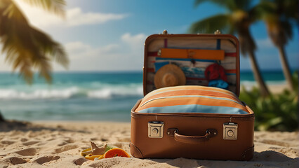 Summer vacation travel trip Suitcase bag planned concepts background, Holiday event theme around bag, beautiful nature sand, sunlight, ocean water in background, slot