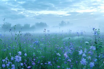 Canvas Print - A picturesque field of purple flowers with a foggy sky in the background. Suitable for nature and landscape concepts