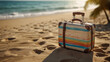 Summer vacation travel trip Suitcase bag planned concepts background, Holiday event theme around bag, beautiful nature sand, sunlight, ocean water in background, sand