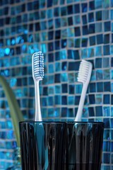 Wall Mural - Two toothbrushes in a cup, suitable for dental hygiene concept