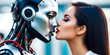 robotic man kissing beautyfull woman, blur background, 