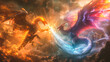 3d illustration Dragon War, epic battle between fire dragon and lightning dragon. concept art, 3D rendering