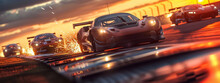 An Intense Moment Of Two Sports Cars Racing Side By Side At Dusk, Their Sparks And Speed Creating A Breathtaking Scene On The Race Track.