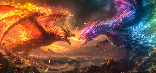 Wall Mural - 3d illustration Dragon War, epic battle between fire dragon and lightning dragon. concept art, 3D rendering