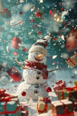 Poster - A festive snowman surrounded by presents and confetti. Perfect for holiday themes