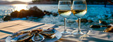 Fototapeta Sypialnia - wine and oysters against the backdrop of the sea. selective focus.
