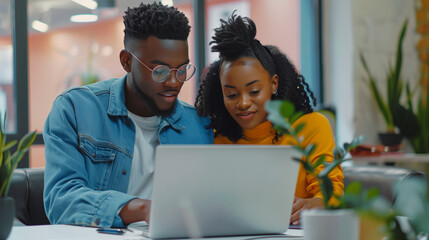 Wall Mural - young handsome black man and young beautiful black woman working at the office front of the laptop computer