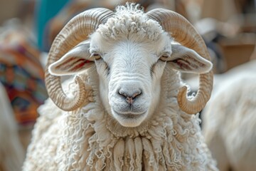 Wall Mural - Portrait of a ram . The Eid al-Adha Mubarak holiday, which is celebrated after the completion of the annual Hajj. The Feast of Sacrifice