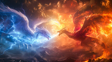 Wall Mural - 3d illustration Dragon Fighting, epic battle between fire dragon and lightning dragon. concept art, 3D rendering	