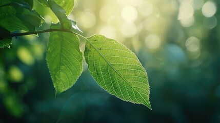Detailed close up of a single leaf on a tree branch. Suitable for nature and botany concepts