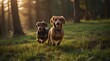 Two cute dachshund dogs running on the grassy sunny clearing of a forest in the afternoon sunset.generative.ai